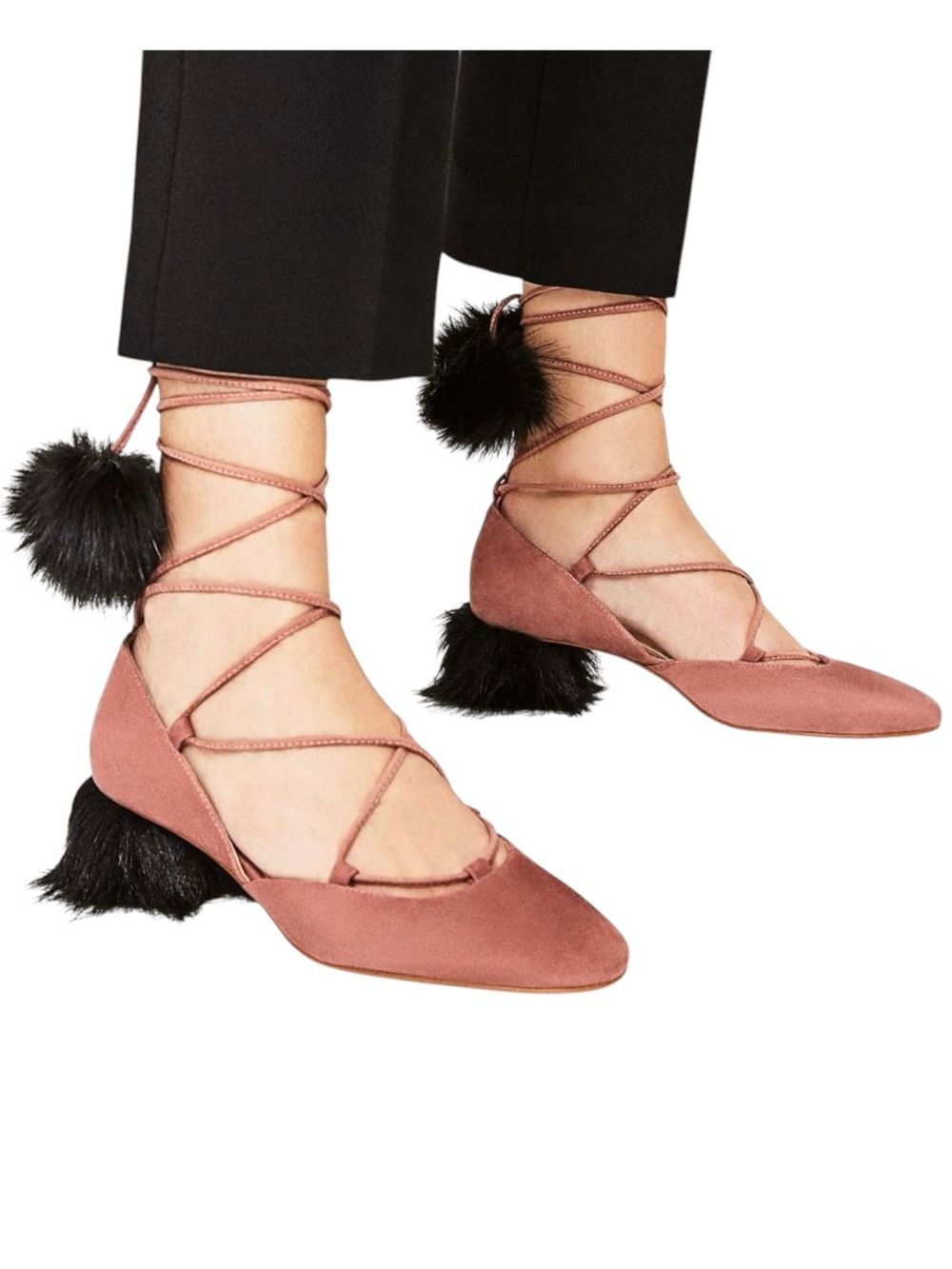 {Zara} Pink Lace-Up Pom Pom Flats